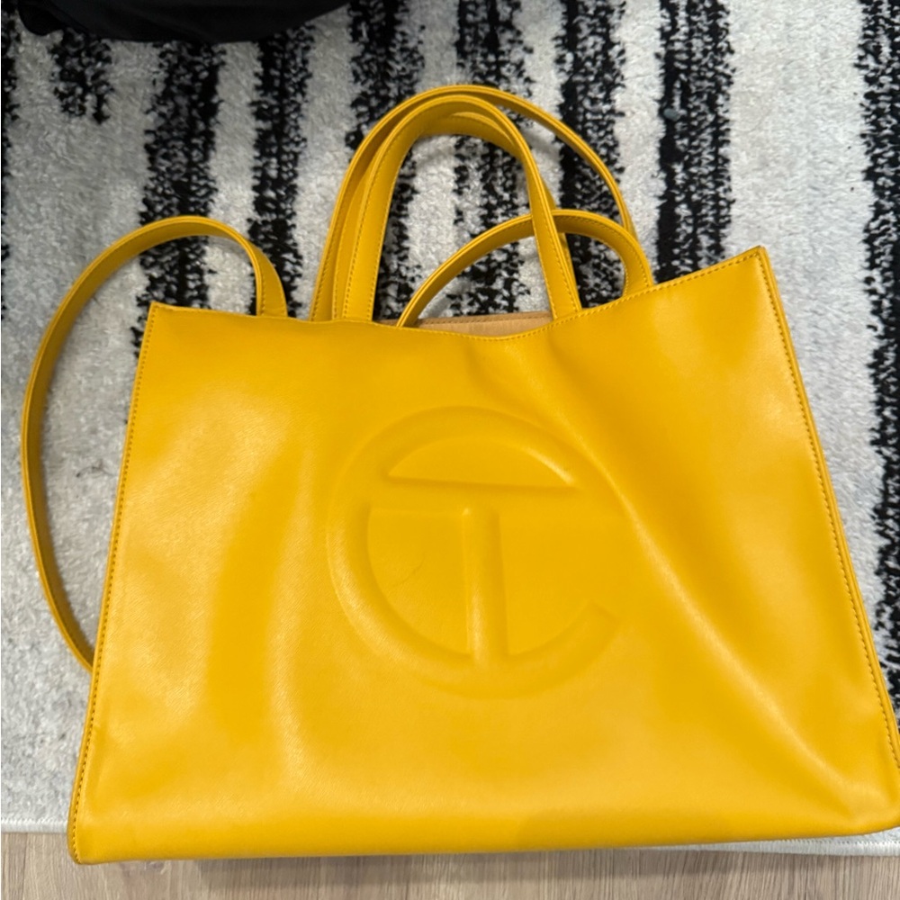 Telfar Yellow Leather Tote Bag with Embossed Logo